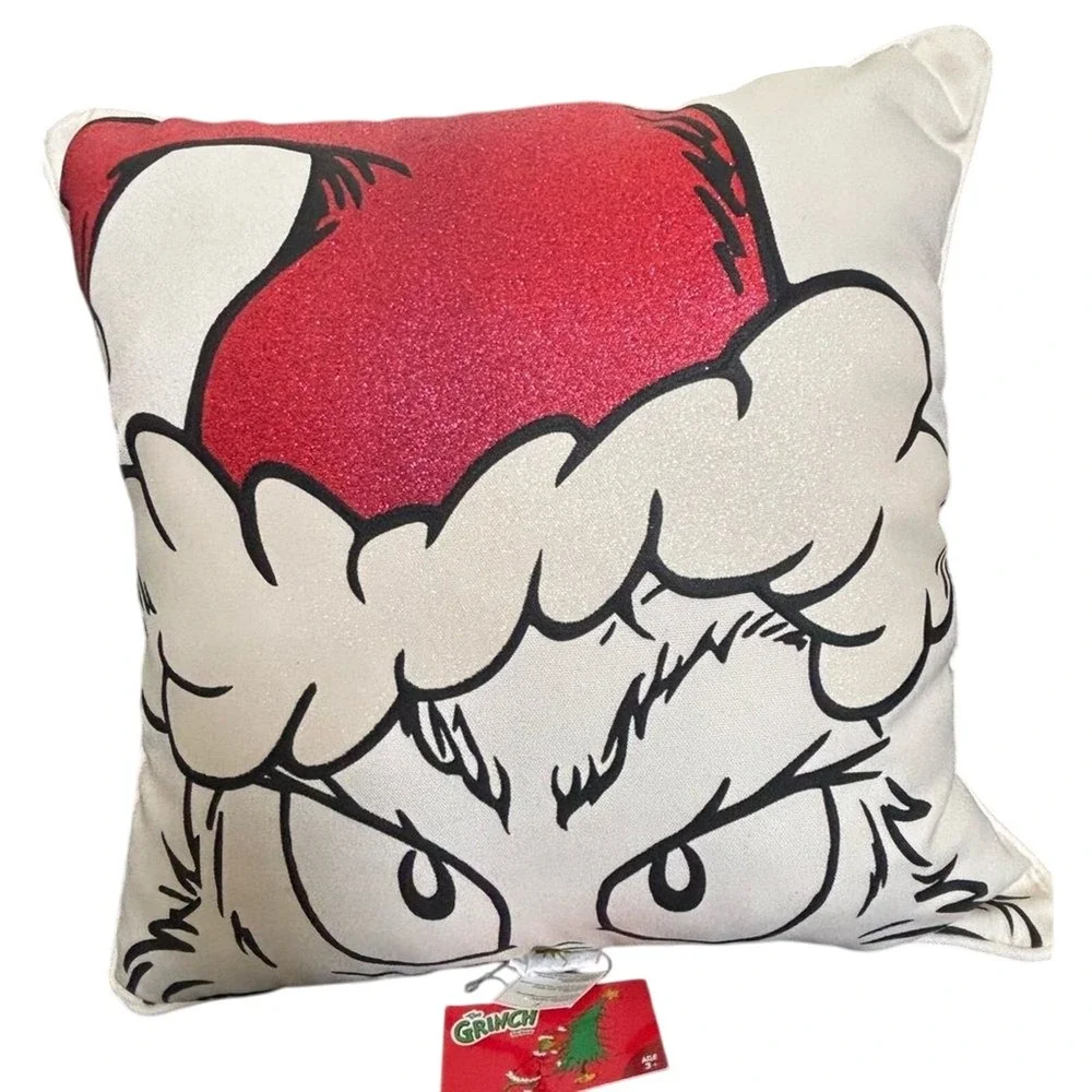 Dr. Seuss The Grinch Pillow with Red Glitter and White Santa Hat 16